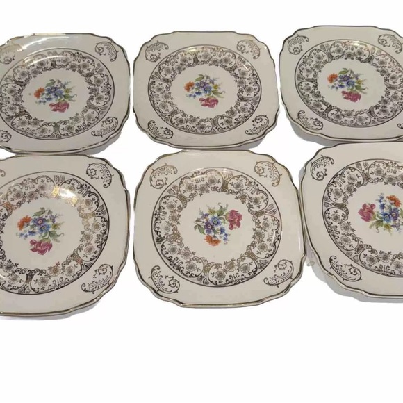 Harker Pottery Co Square Floral Design Dessert Plates Set Of 6 22KT Gold Trim - Picture 6 of 7